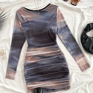 Gray and beige Long Sleeve Bodycon Dress for Night Out